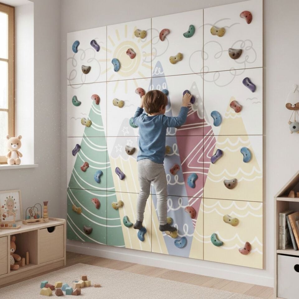 Pastel Dağ Desenli Ahşap Tırmanma Duvarı | Baumfee